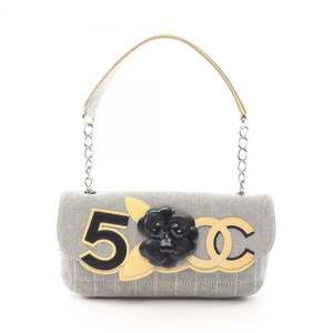 Chanel CHANEL Chocolate Bar Camellia No. 5 Shoulder Bag Handbag Canvas Leathe...